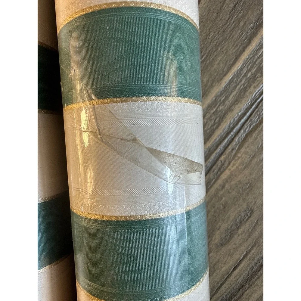 Vintage Bordenstyle Vinyl Wallpaper 2 Rolls Green Cream Gold Stripe CC216FF New